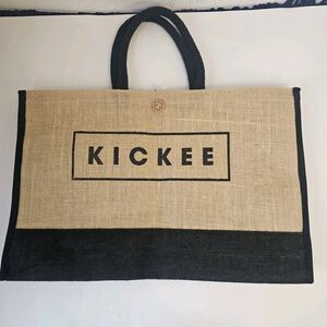 Womens Burlap Beige With Black Large Tote Bag Double Handles Beach Summer 089